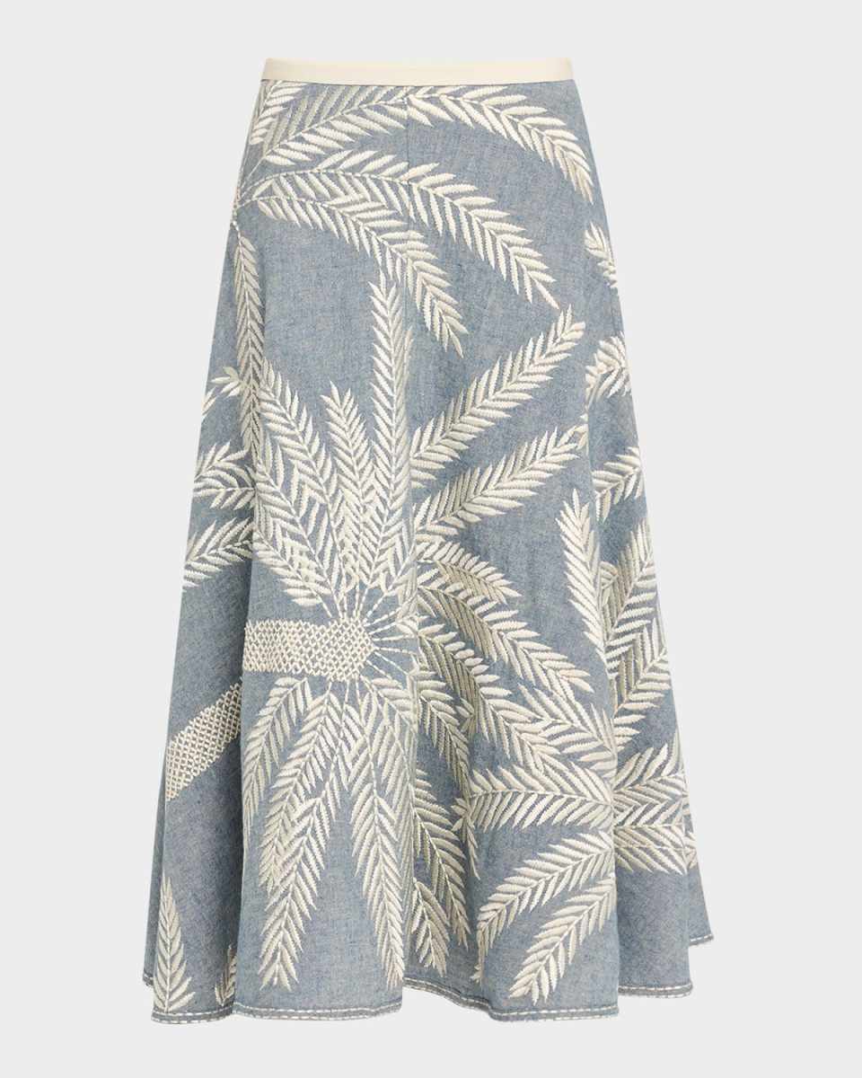 Tasha 3 Palm Embroidered Midi Skirt